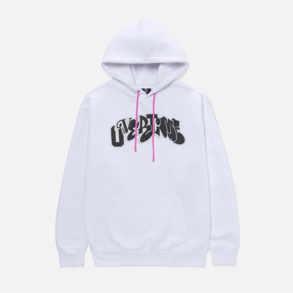 OVERTIME White Hoodie with Black Graphic and Pink Accents